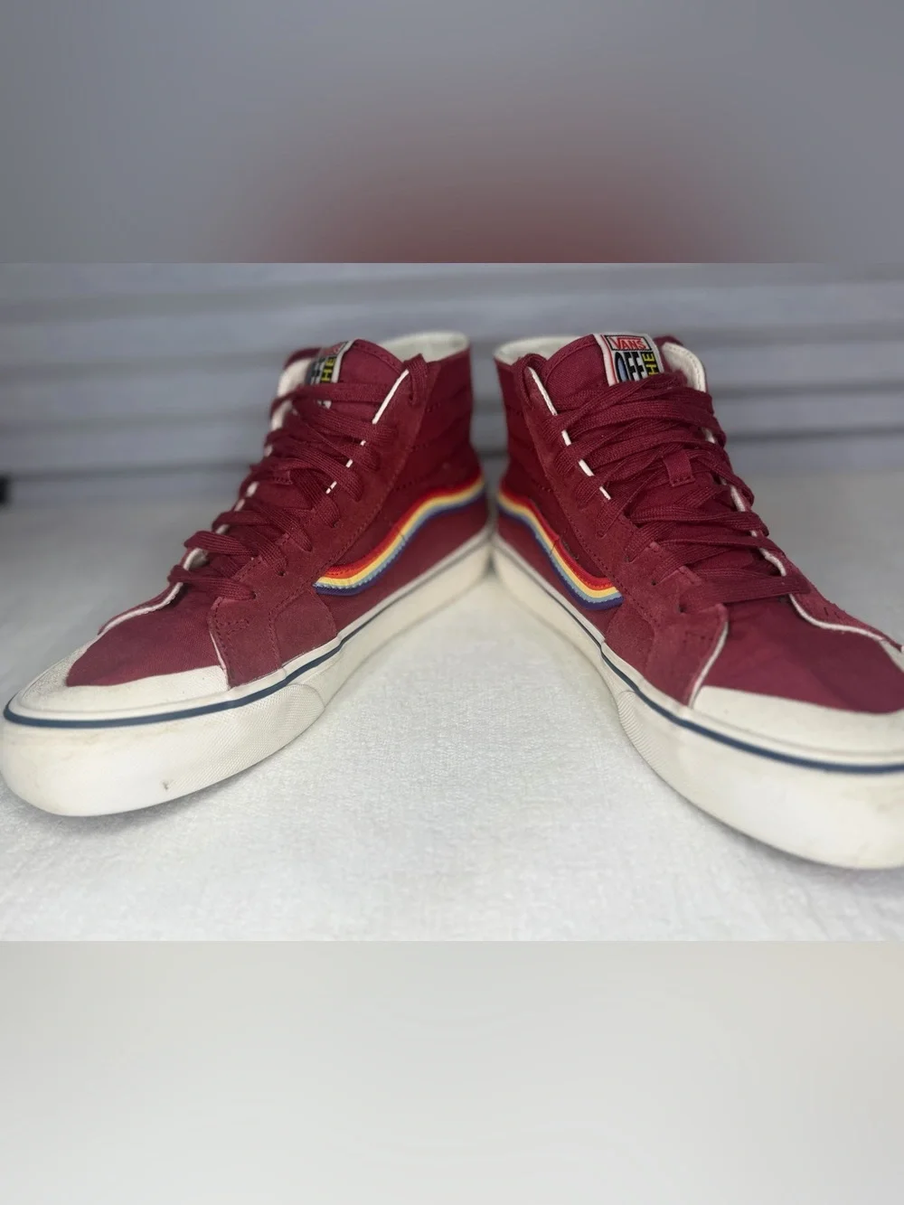 Vans SK8 Burgundy High-Top Sneakers with Rainbow Stripe M8/W9.5